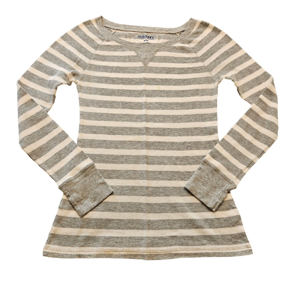 Old Navy Womens Grey White Striped Waffle Knit Thermal Long Sleeve Top Medium